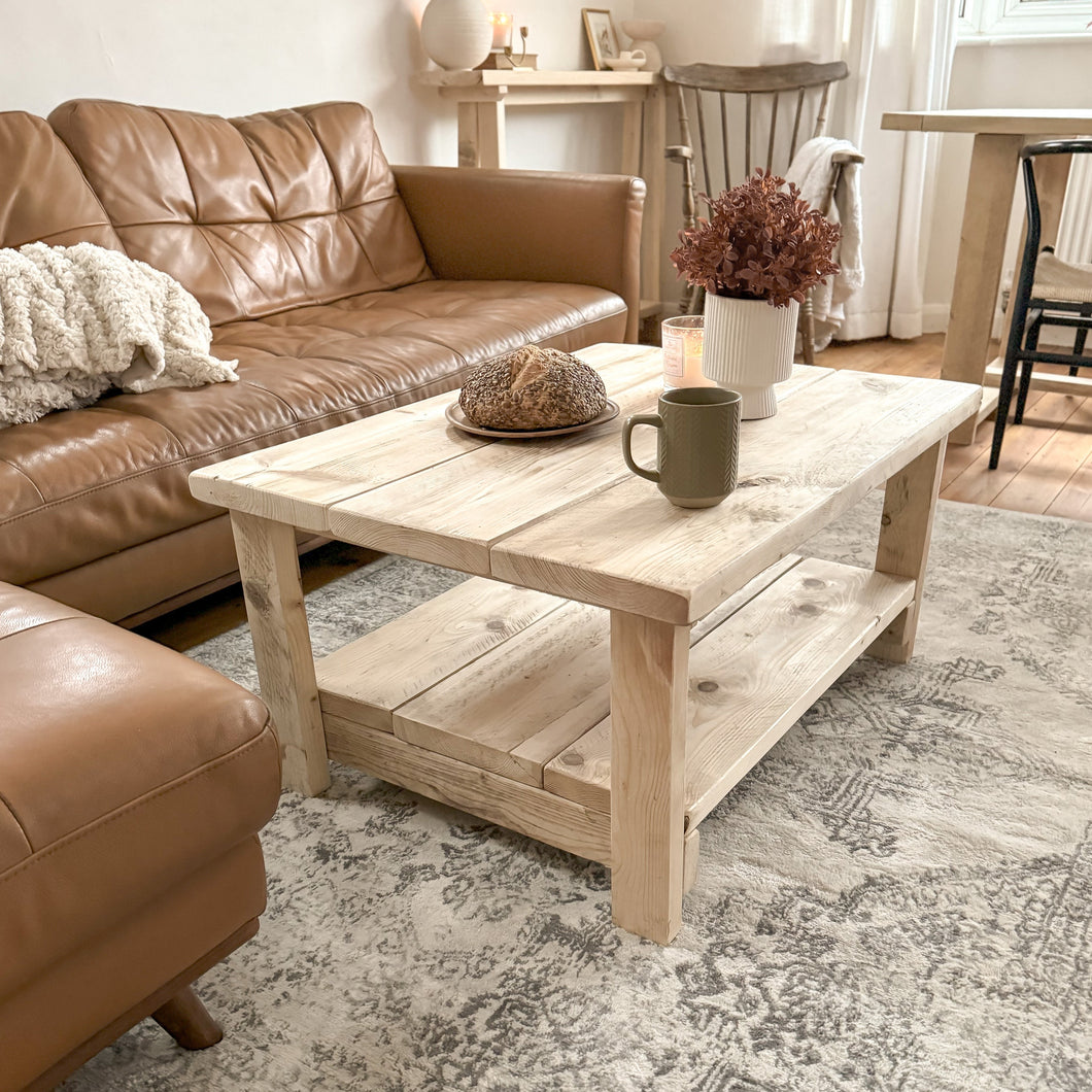 The Hearth Coffee Table from Shabby Bear Cottage, handcrafted from rustic reclaimed wood with a farmhouse-style finish.