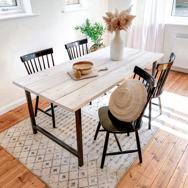 Grey Trestle Dining Table Wooden Kitchen Set Solid Wood Bench Chairs 4 Seat 8 Seater Small White Oak Black Industrial Modern Farmhouse Rustic