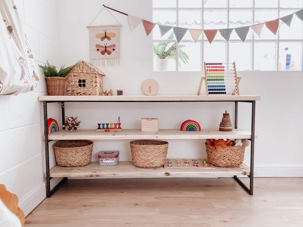 Wooden Toy Shelf Montessori Open Storage Bookcase Toyshelf Display wood raw play toddler kids bedroom furniture Scandi Nordic rustic boho shelving.